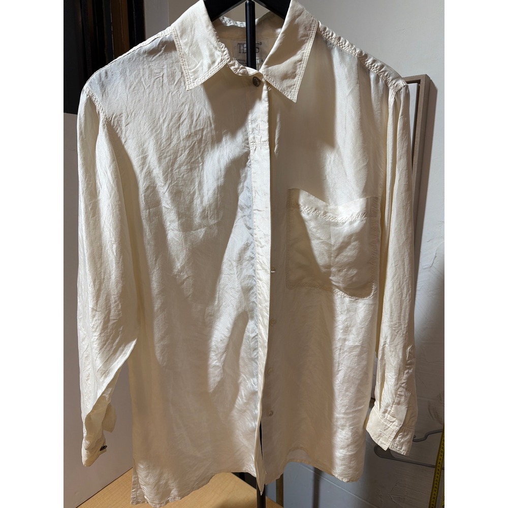 TESS Vintage 100% Silk Button Down Shirt Cream Ivory Long Sleeve Blouse Small